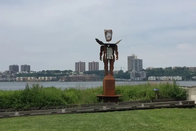Bell's "Stand Tall, Stand Proud" in Riverside Park on Friday. Soon the piece will depict a noose.